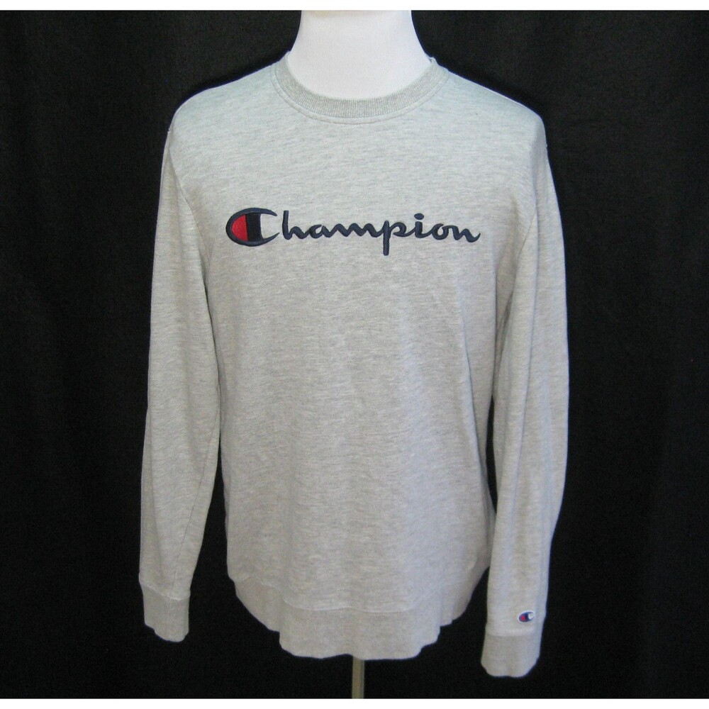 CHAMPION Men's Size Large Gray Long Sleeve Sweatshirt Script Spellout Logo Shirt